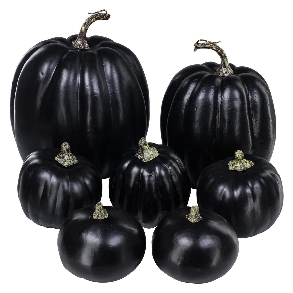 PPKVUFD 7Pcs Artificial Pumpkins Bulk Faux Harvest for Fall Wedding Centerpiece Black, Artificial Plastic Pumpkins Perfect for Halloween Decor Thanksgiving Table Decor