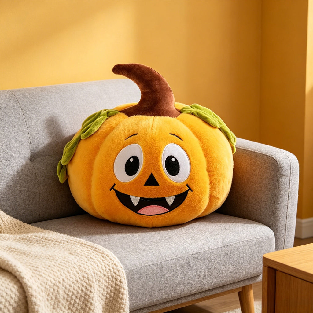 Pnmtdaia Orange Cute Smiling Fangs Pumpkin Plush Throw Pillow, Cozy Stuffed Halloween Thanksgiving Spooky Themed Decorative Cushion for Living Room Bedroom Home Holiday Decor