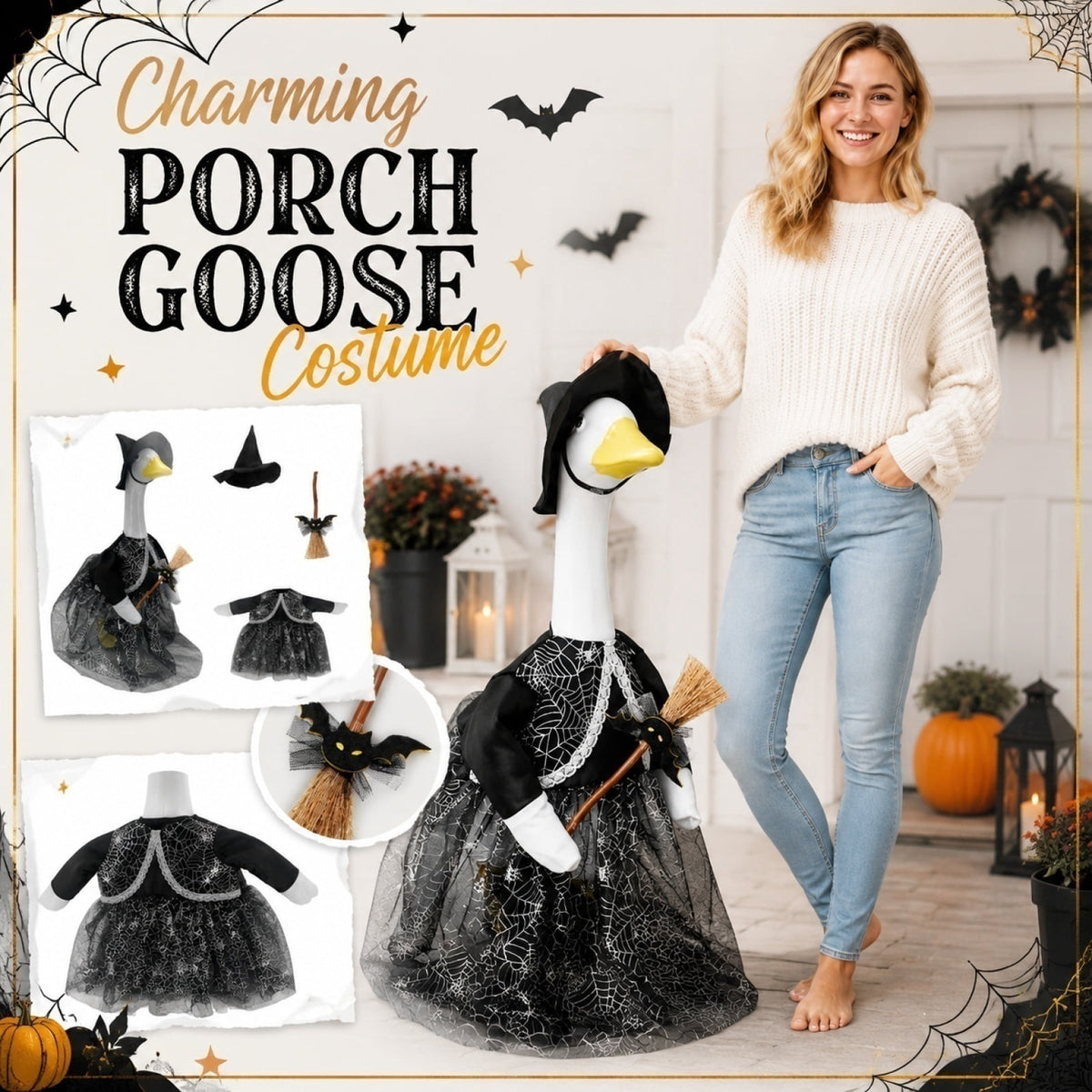 Halloween Garden Porch Decor, Porch Goose Outfits Halloween, 23 Inch Porch Goose Outfits, Witch Dress and Hat Set, Fits 23X11X26 Inch Standing Plush Goose for Front Porch Lawn