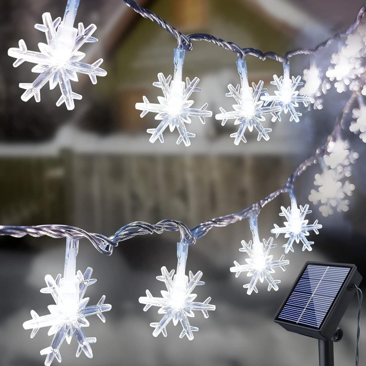 Qoosea Solar Lights Outdoor, Waterproof 100 LED Snowflake Fairy Lights, 39 ft Outdoor Christmas Decoration, String Lights for Party, Patio, Room Decor