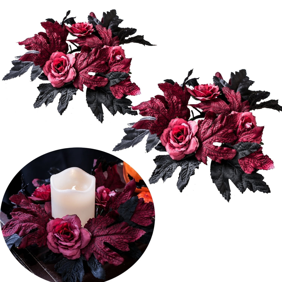 TETOU 2Pcs Halloween Candle Rings Wreath for Pillar Candle Holder, Maple Leaf Black Rose Small Wreaths for Fall Thanksgiving Home Table Centerpieces, Cabinet Decorations - Black