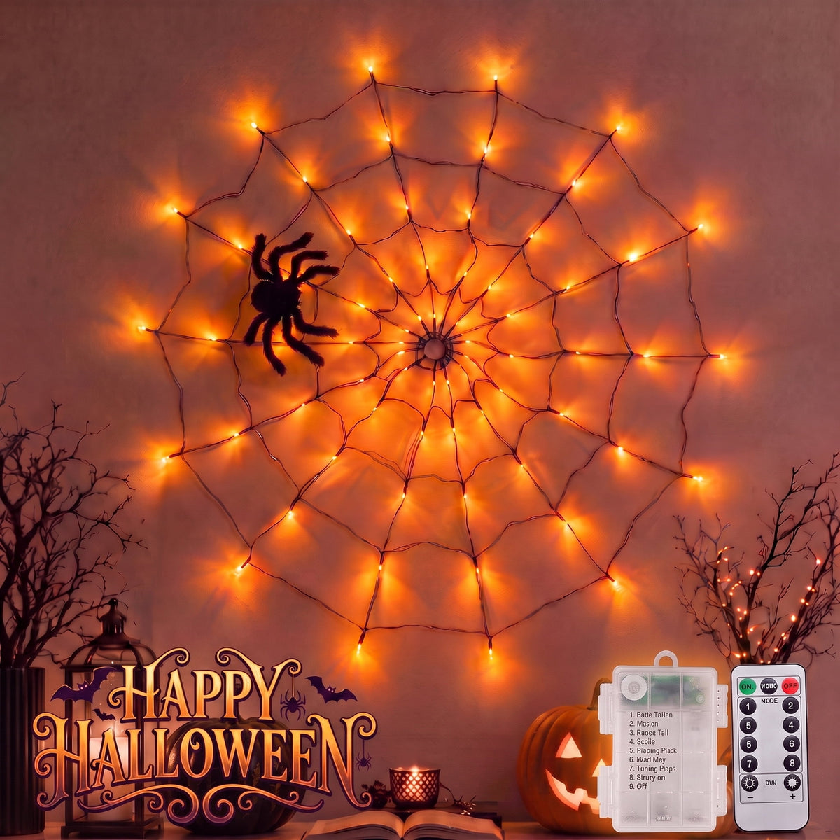 VOLIVO Halloween Spider Web Lights, 4FT Diameter 8 Modes Net Lights with Black Spider, Remote Control Waterproof for Indoor Outdoor (Purple)