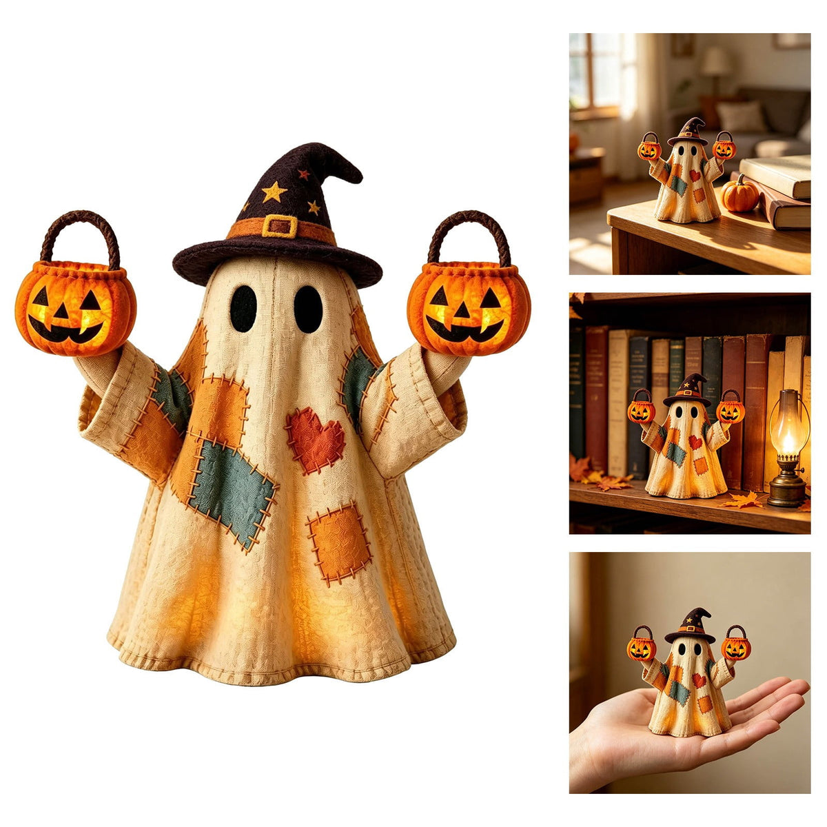 Halloween Ghost Figurine, Resin Lighted Ghost Ornament with Pumpkin Lantern & Beverage Cup, Tabletop Halloween Indoor Decor
