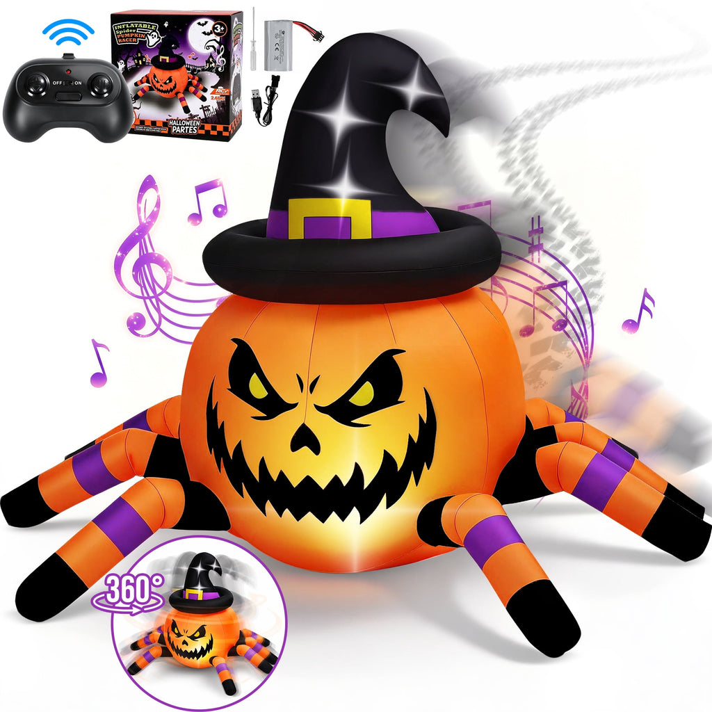 Firstness 2.4GHz Remote Control Car Halloween Inflatable Pumpkin Spider Blow ups Rc Car 360° Rotation, 3 Music and LED Lights,Aged 3+