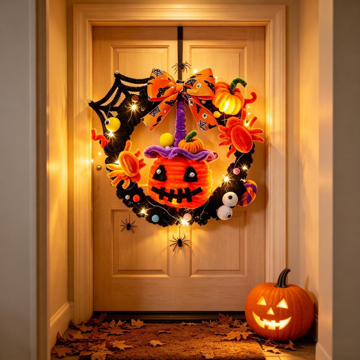 WWC Halloween Wreath, Orange LED Pumpkin and Bats Wreath, Gothic Halloween Decorations Wreath for Front Door, Indoor Outdoor Party Decor