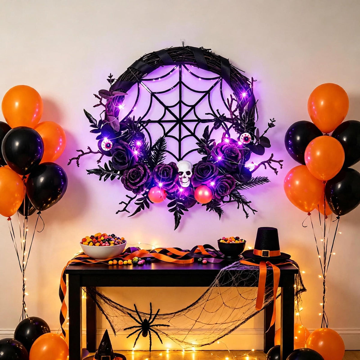 WWC Halloween Wreath, Orange LED Pumpkin and Bats Wreath, Gothic Halloween Decorations Wreath for Front Door, Indoor Outdoor Party Decor