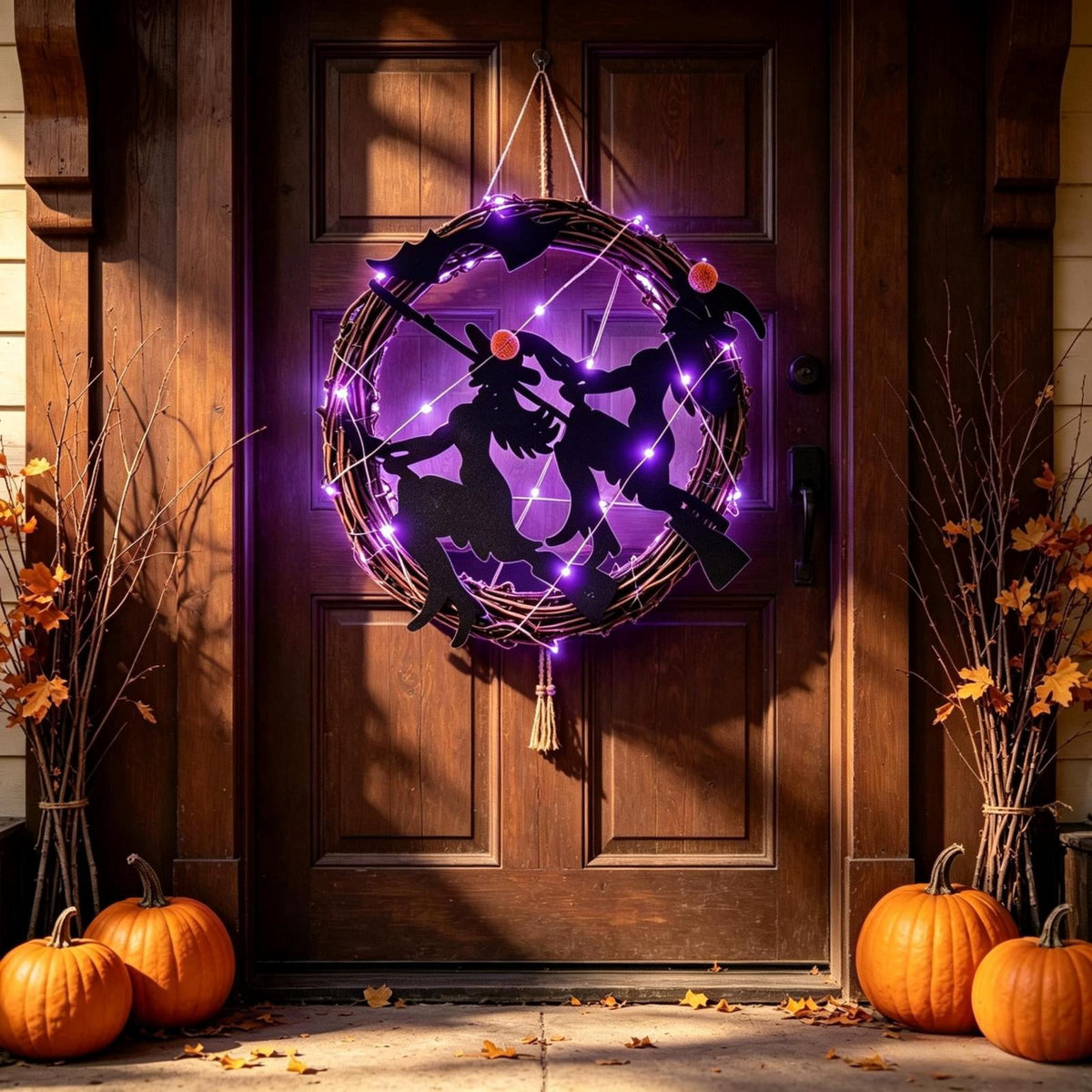 WWC Halloween Wreath, Orange LED Pumpkin and Bats Wreath, Gothic Halloween Decorations Wreath for Front Door, Indoor Outdoor Party Decor