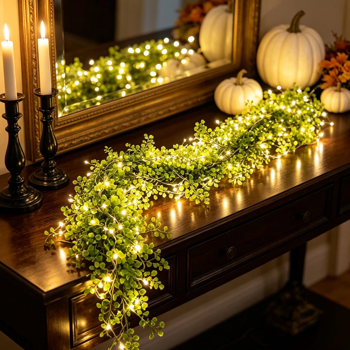 Halloween Black Garland with LED Lights 70.87 Inch Gothic Foliage for Mantel Stair Halloween Party Home Indoor Decor