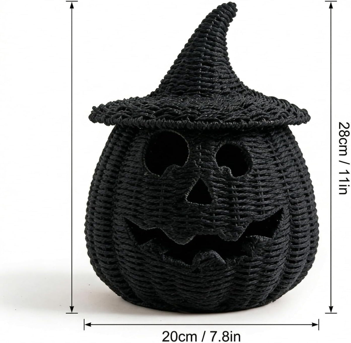 Halloween Woven Seagrass Pumpkin for Spooky Halloween Candy Storage and Home Decor, Black Handcrafted Witch Hat Woven Seagrass Lantern for LED Candy（B）