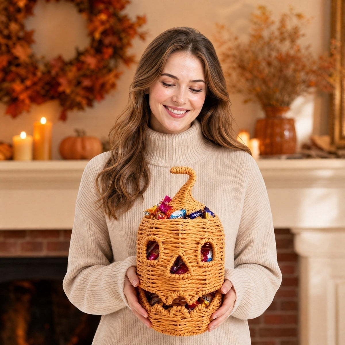 Aximioll Halloween Black Woven Jack-O-Lantern Pumpkin Decor, Hand Woven Rattan Wicker Style Statue, Trick or Treat Candy Bowl Lantern for Porch Entryway Fireplace Mantel Table, Black, 11 Inches