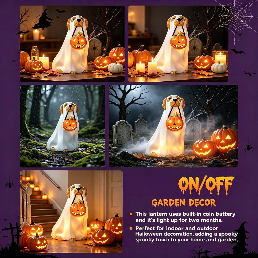 Halloween Ghost Figurine, Ghost Girl with Pink Bow & Hot Drink, Funny Ghost Statue Halloween Decor for Gift, Cute Spooky Tabletop Ornament for Home, Mantle, Desk & Party Decoration