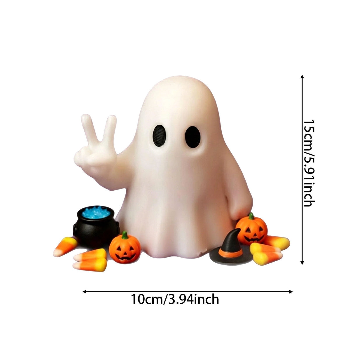 Halloween Ghost Figurine, Resin Lighted Ghost Ornament with Pumpkin Lantern & Beverage Cup, Tabletop Halloween Indoor Decor