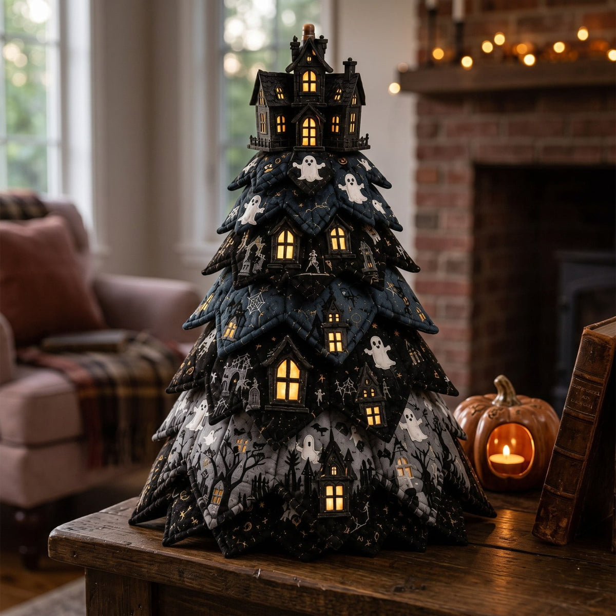 Lypsnake DIY Halloween Quilted Fabric Tree Kit, Vintage Pumpkin Sunflower Patchwork, 3D Padded Sewing Craft Project for Autumn Harvest Decor