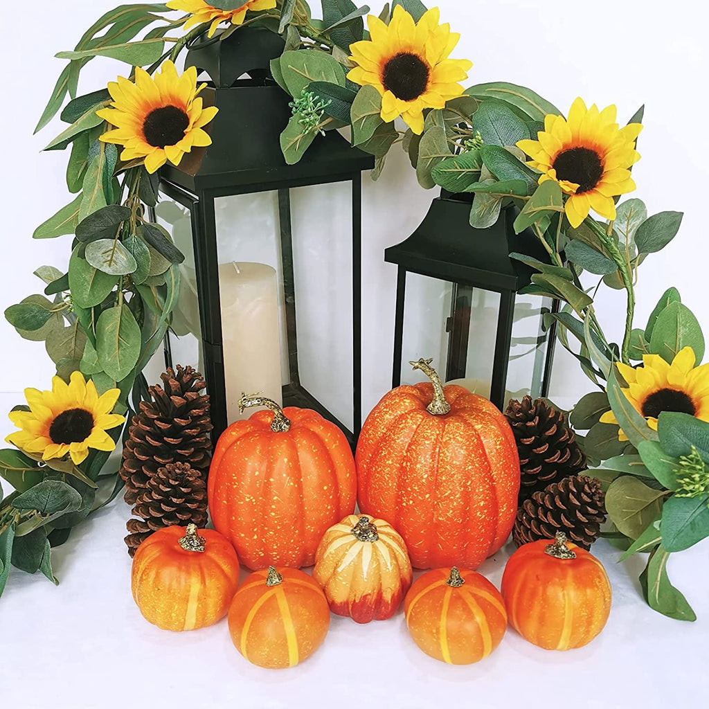 Foraging dimple 7 Pcs Assorted Harvest Orange Artificial Pumpkins Decorative Pumpkins Foam Pumpkins with Gold Stems for Fall Harvest Autumn Home Wedding Thanksgiving Halloween Party