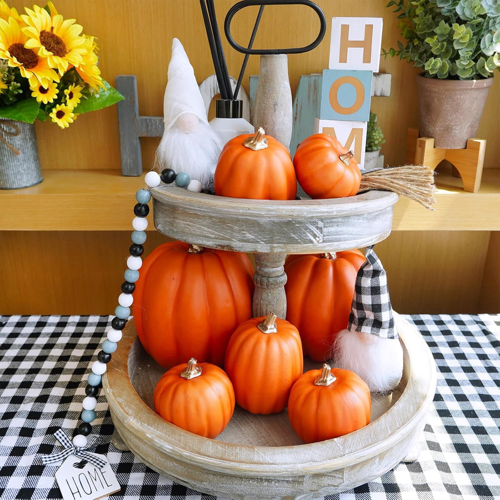 Foraging dimple 7 Pcs Assorted Harvest Orange Artificial Pumpkins Decorative Pumpkins Foam Pumpkins with Gold Stems for Fall Harvest Autumn Home Wedding Thanksgiving Halloween Party