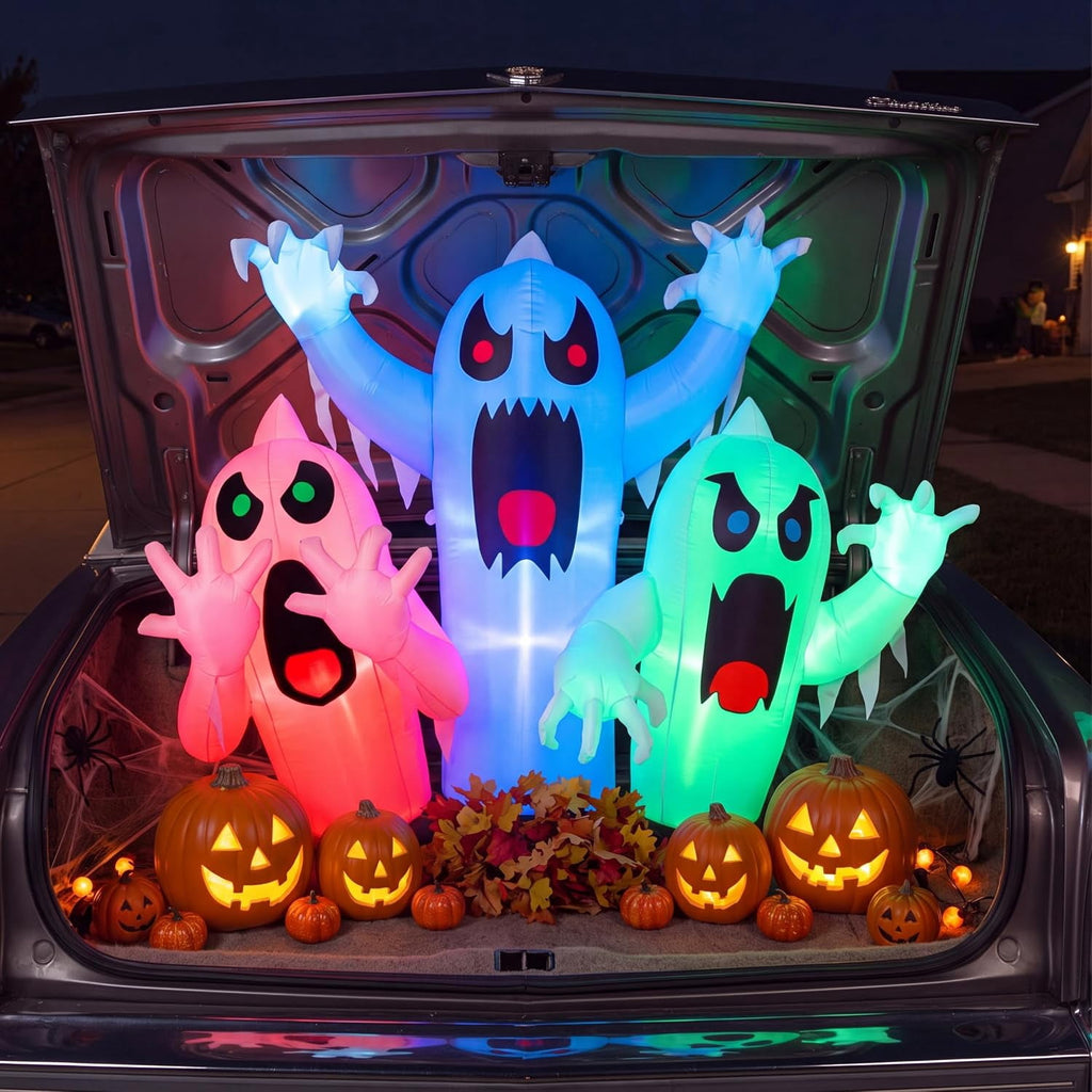 Joyfy 5 FT Halloween Inflatable Ghost Decoration with Colorful LEDs,Trunk or Treat Car Decorations Kit Ghost Trio with Built-in LED Light for Halloween Party Indoor,Outdoor,Yard,Garden Decor
