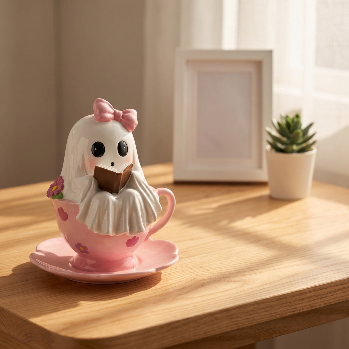 Halloween Ghost Figurine, Ghost Girl with Pink Bow & Hot Drink, Funny Ghost Statue Halloween Decor for Gift, Cute Spooky Tabletop Ornament for Home, Mantle, Desk & Party Decoration