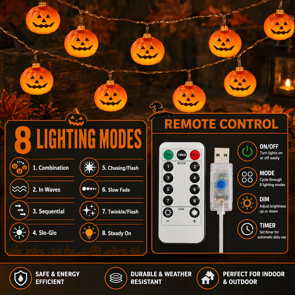 DAYBETTER Halloween Pumpkin String Lights, 10FT 3D Orange Pumpkin Twinkle Lights with 20LEDs, 8 Modes & USB Powered for Indoor, Outdoor, Halloween Decor