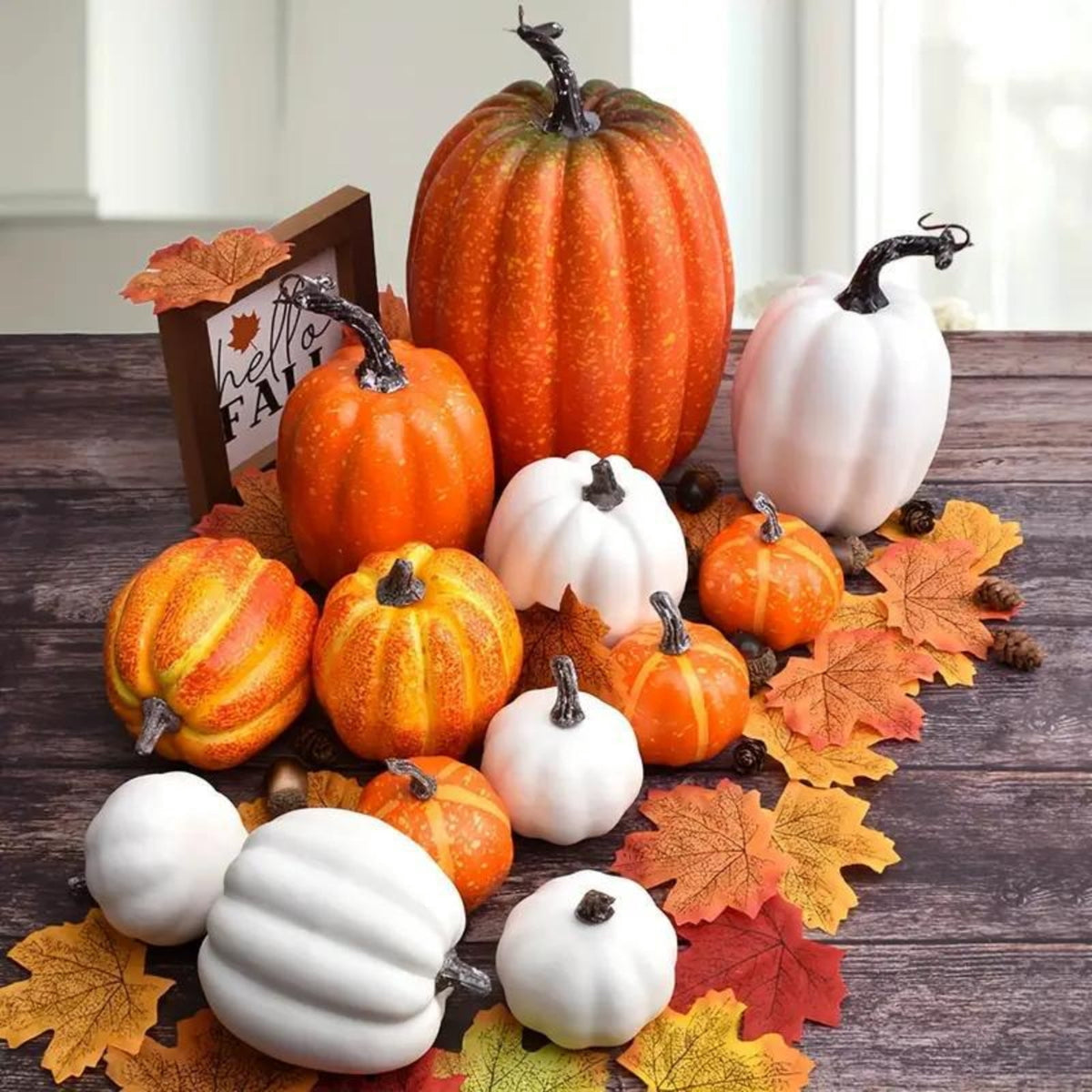 7 Pcs Assorted Size Artificial Pumpkin Set, Realistic Foam Pumpkin Decorations for Halloween Fall Harvest Decor, Thanksgiving Table Decor Centerpiece, Farmhouse Seasonal Home Decor and Party Display