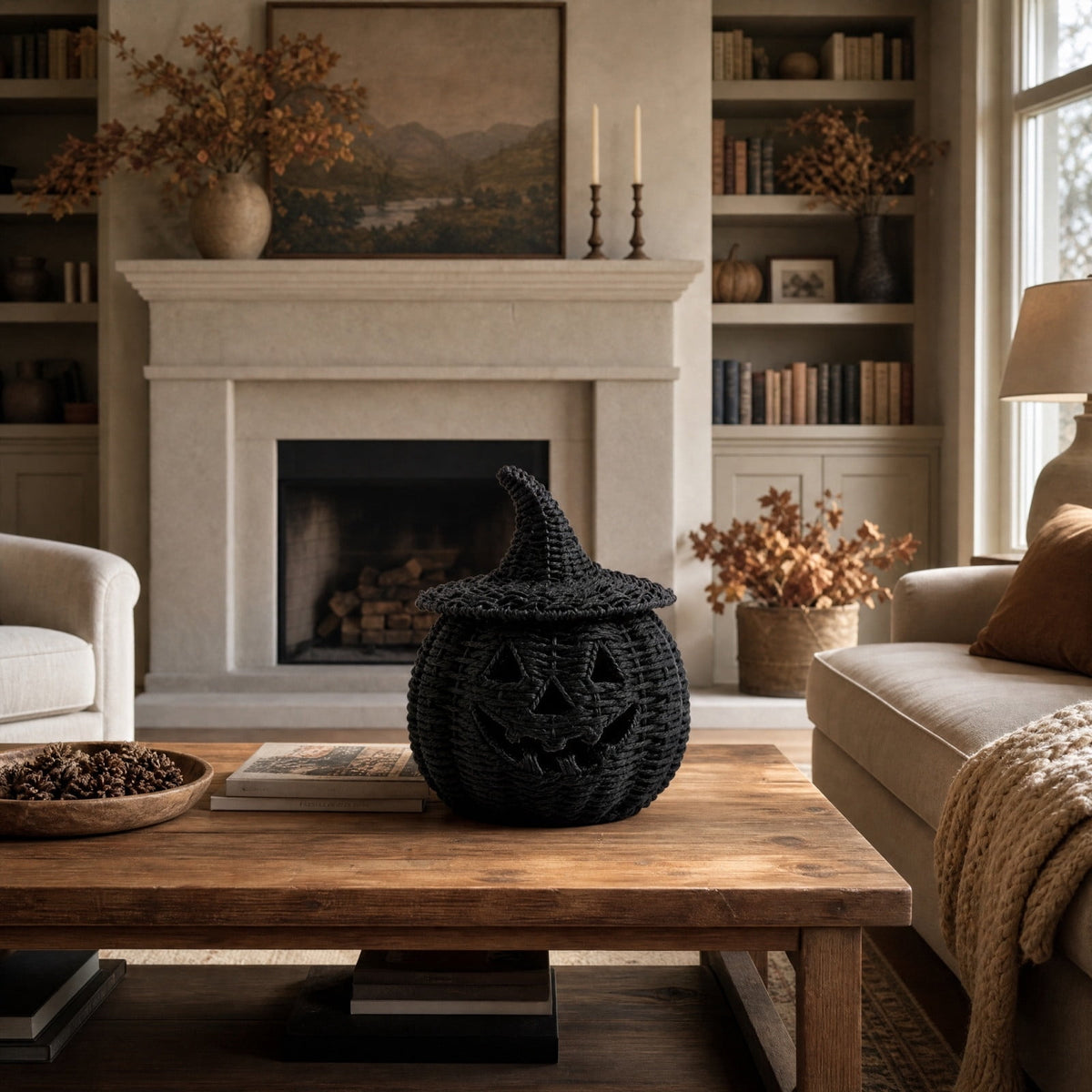 Handwoven Rattan Pumpkin Lantern with Lid, 11" Halloween Light Up Woven Pumpkin Decor, Rustic Black Wicker Pumpkin Decoration for Indoor Home Mantle Tabletop Decor(B)