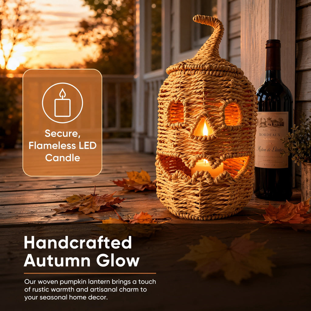 Aximioll Halloween Black Woven Jack-O-Lantern Pumpkin Decor, Hand Woven Rattan Wicker Style Statue, Trick or Treat Candy Bowl Lantern for Porch Entryway Fireplace Mantel Table, Black, 11 Inches