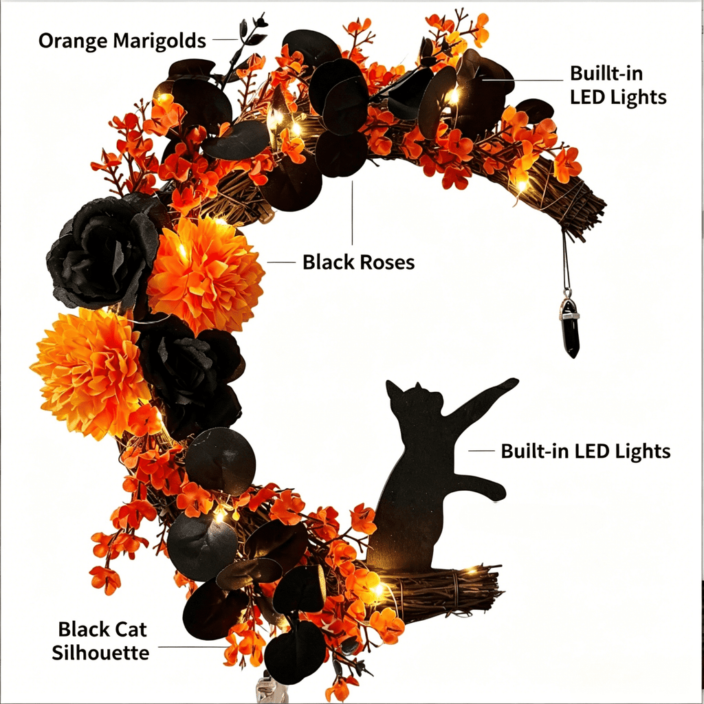 Halloween Wreath for Front Door with Lights, 14 Inch Black Cat Crescent Moon Wreath, Spooky Halloween Decoration with Orange Marigolds and Black Roses, Perfect for Home and Halloween Party Decor