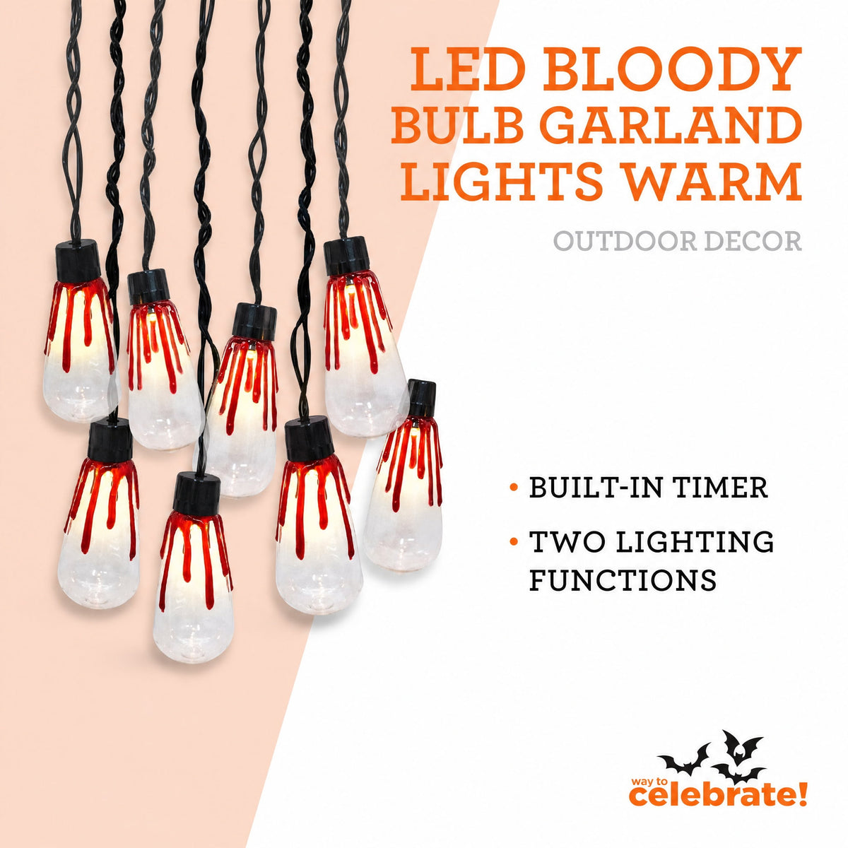 Indoor Battery-Operated LED Bloody Bulb Garland Lights, Warm White, 4.5', Halloween by Way To Celebrate