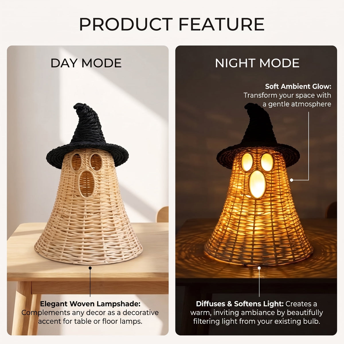 Wicker Ghost Decor, Halloween Decorations Indoor 12.2 Inch, Rattan Ghost Basket Tabletop Lamp Shade for Fall Home Mantel, Halloween Gift Ideal