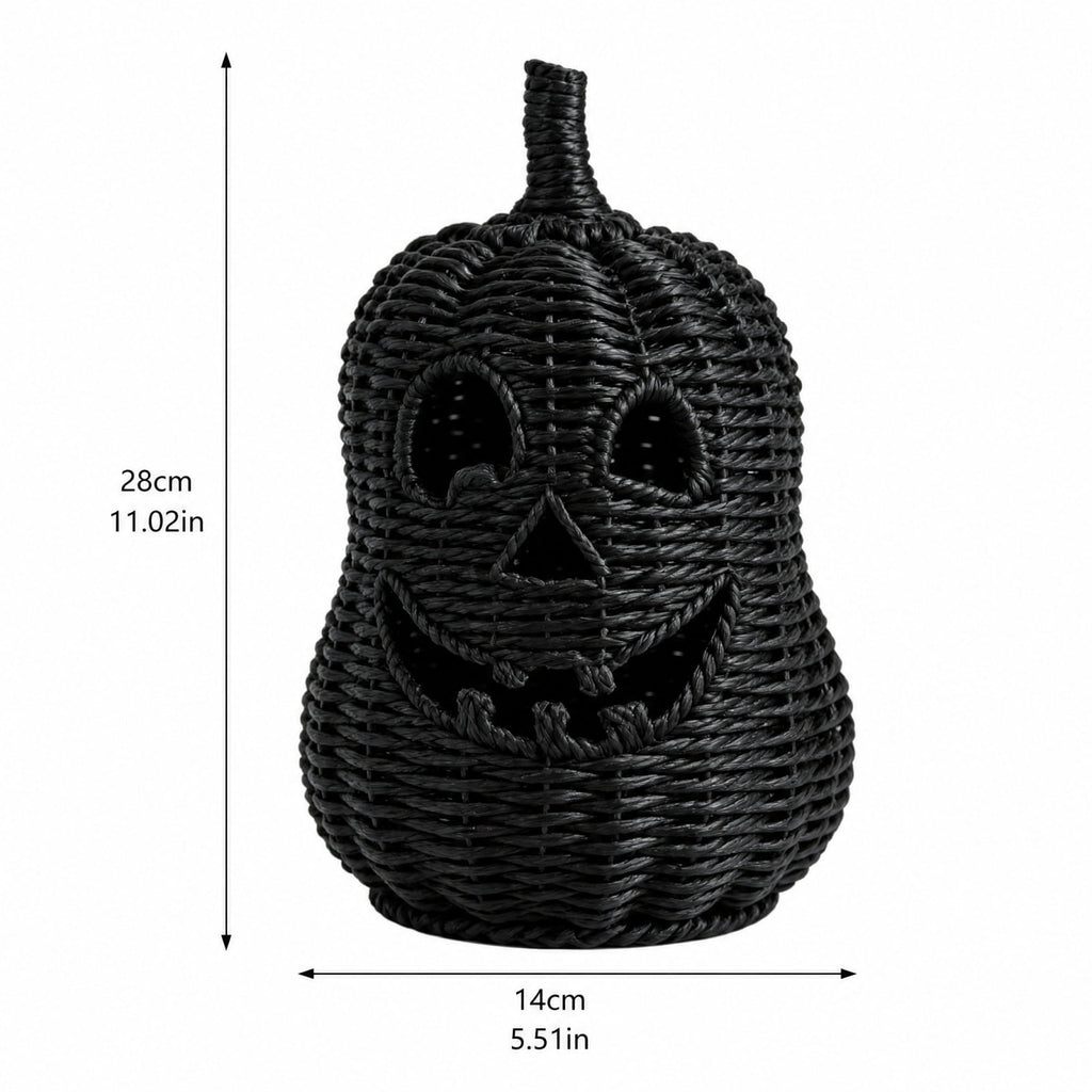 Aximioll Halloween Black Woven Jack-O-Lantern Pumpkin Decor, Hand Woven Rattan Wicker Style Statue, Trick or Treat Candy Bowl Lantern for Porch Entryway Fireplace Mantel Table, Black, 11 Inches