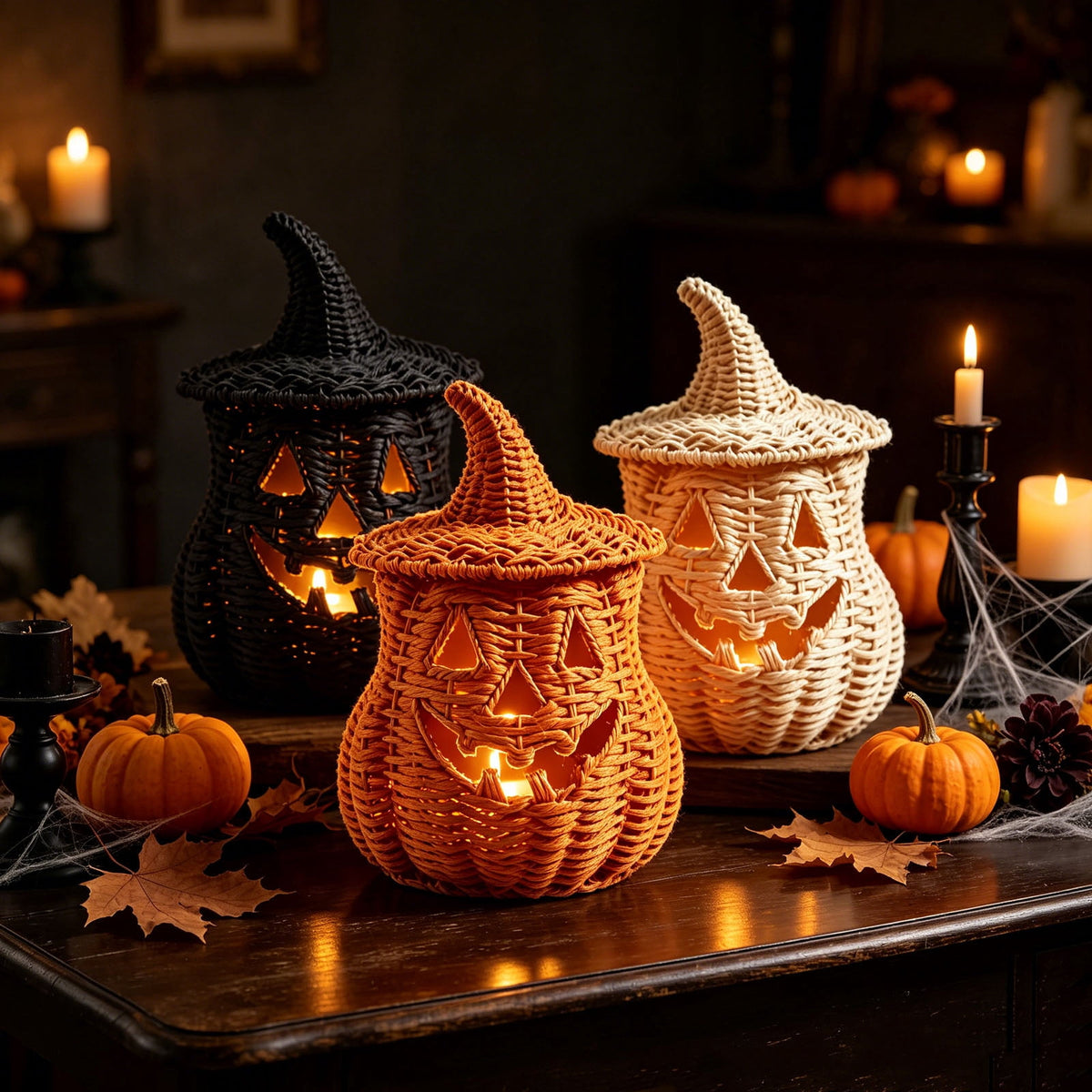 Aximioll Halloween Black Woven Jack-O-Lantern Pumpkin Decor, Hand Woven Rattan Wicker Style Statue, Trick or Treat Candy Bowl Lantern for Porch Entryway Fireplace Mantel Table, Black, 11 Inches