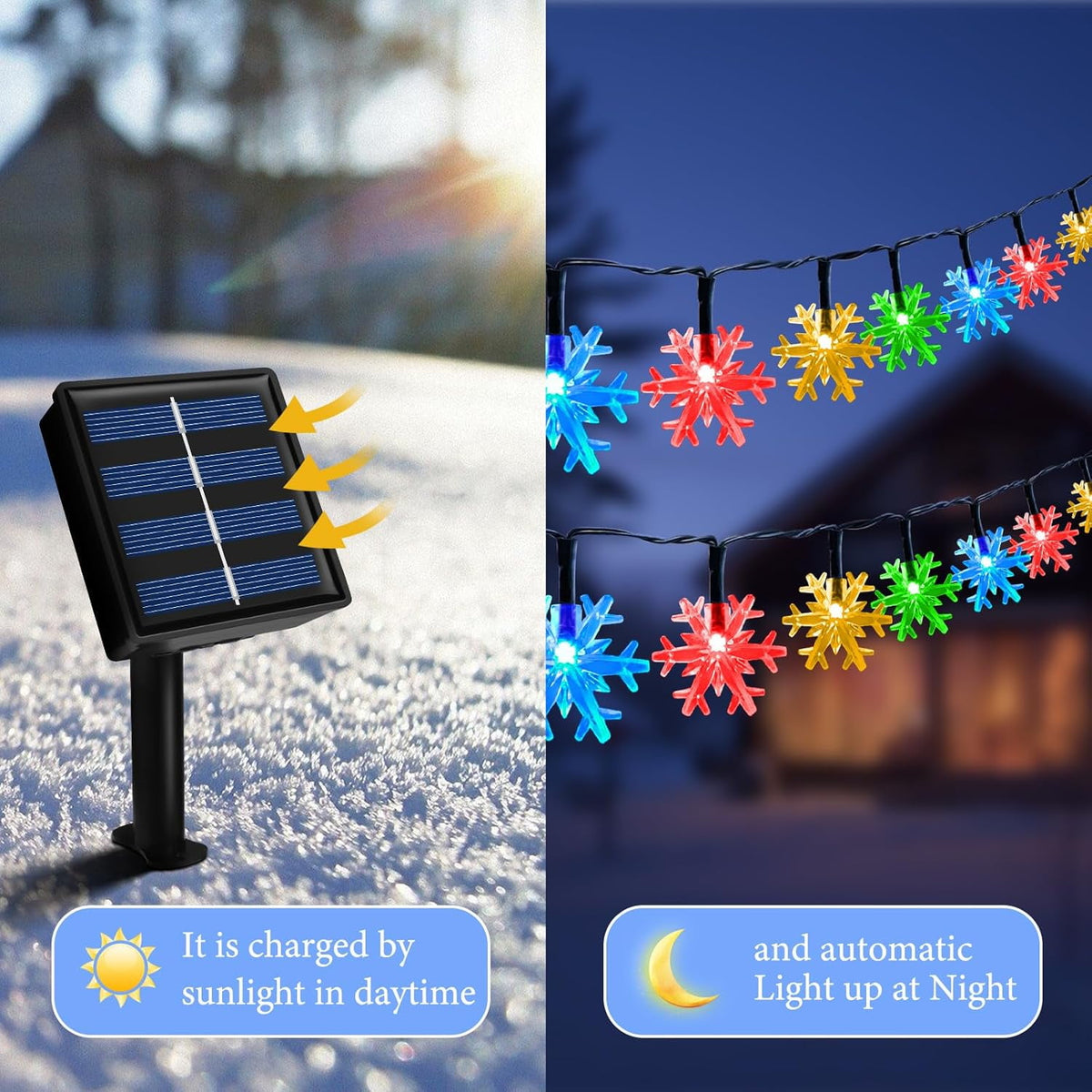Qoosea Solar Lights Outdoor, Waterproof 100 LED Snowflake Fairy Lights, 39 ft Outdoor Christmas Decoration, String Lights for Party, Patio, Room Decor