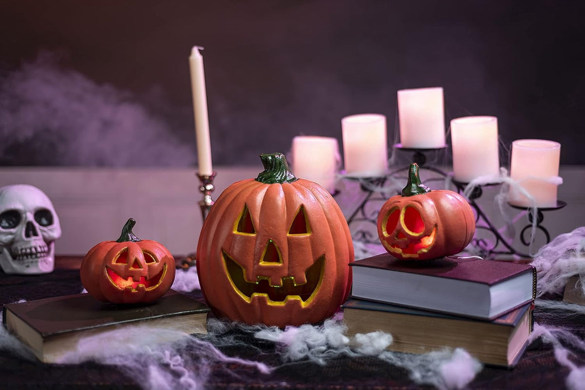 Joyfy 5 Pcs Light Up Halloween Pumpkin Decor Jack O Lantern Decorations Outdoor Indoor, Plastic Large Trick Or Treat Table Top Party Supplies Favors