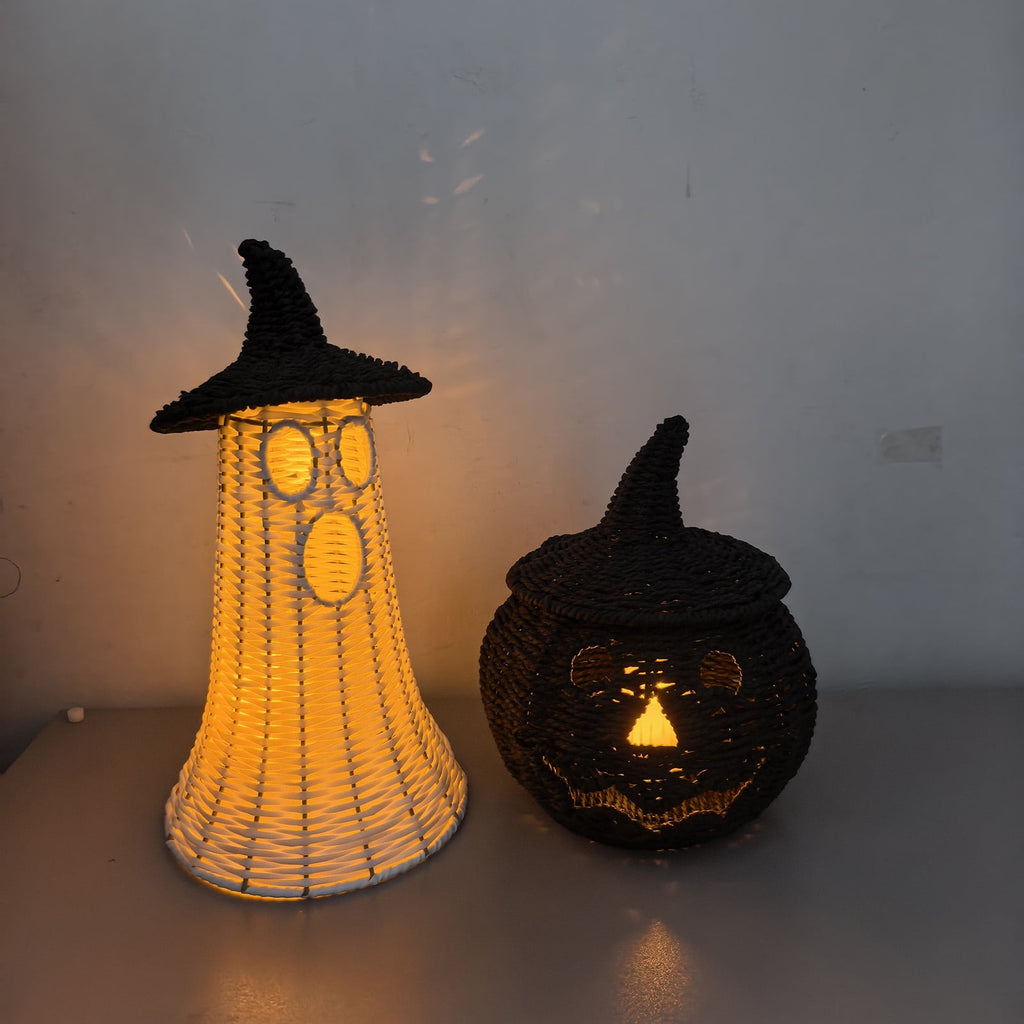 Handwoven Rattan Ghost Lantern with Witch Hat - 13.78 Inch White Wicker Ghost Decor, Light Up Halloween Decorations for Indoor Outdoor, Porch, Patio, Spooky Home Decor, Fall Harvest