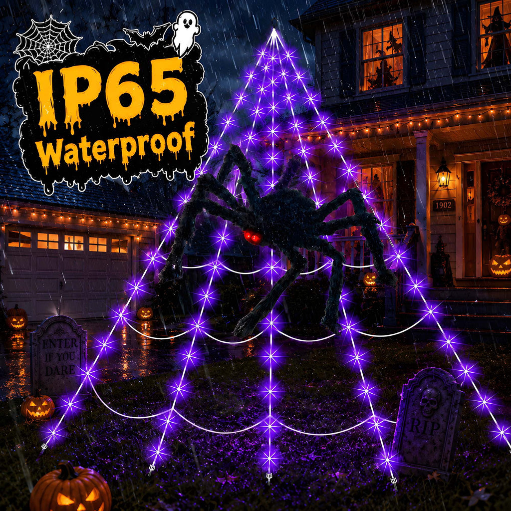 VOLIVO Halloween Spider Web Lights, 5 FT Giant Spider + 15.7 x 16.4 FT Light-up Triangular Web, 250 LED 8 Modes Waterproof Decor for Indoor Outdoor (Purple)