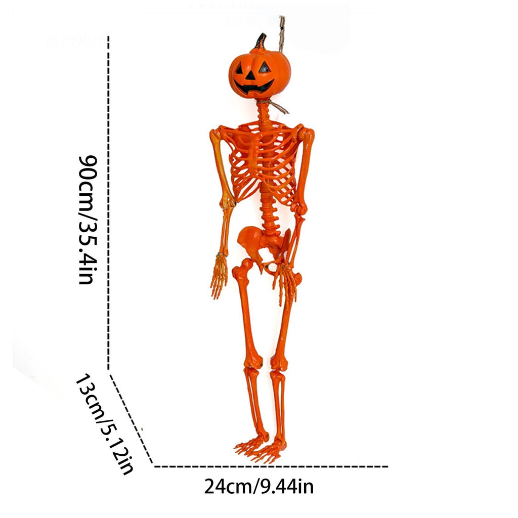 Halloween Pumpkin Skeleton Decoration, 5ft Poseable Orange Skeleton with Jack-O’-Lantern Head for Indoor Outdoor Party Display
