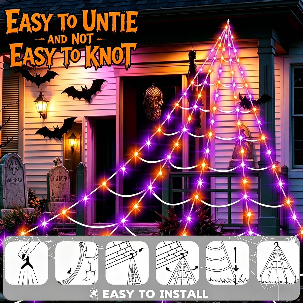 VOLIVO Halloween Spider Web Light, 250 LED 15.7 x 16.4 FT Halloween Decor, 8 Modes Remote Waterproof for Indoor Outdoor Party (Purple & Orange)