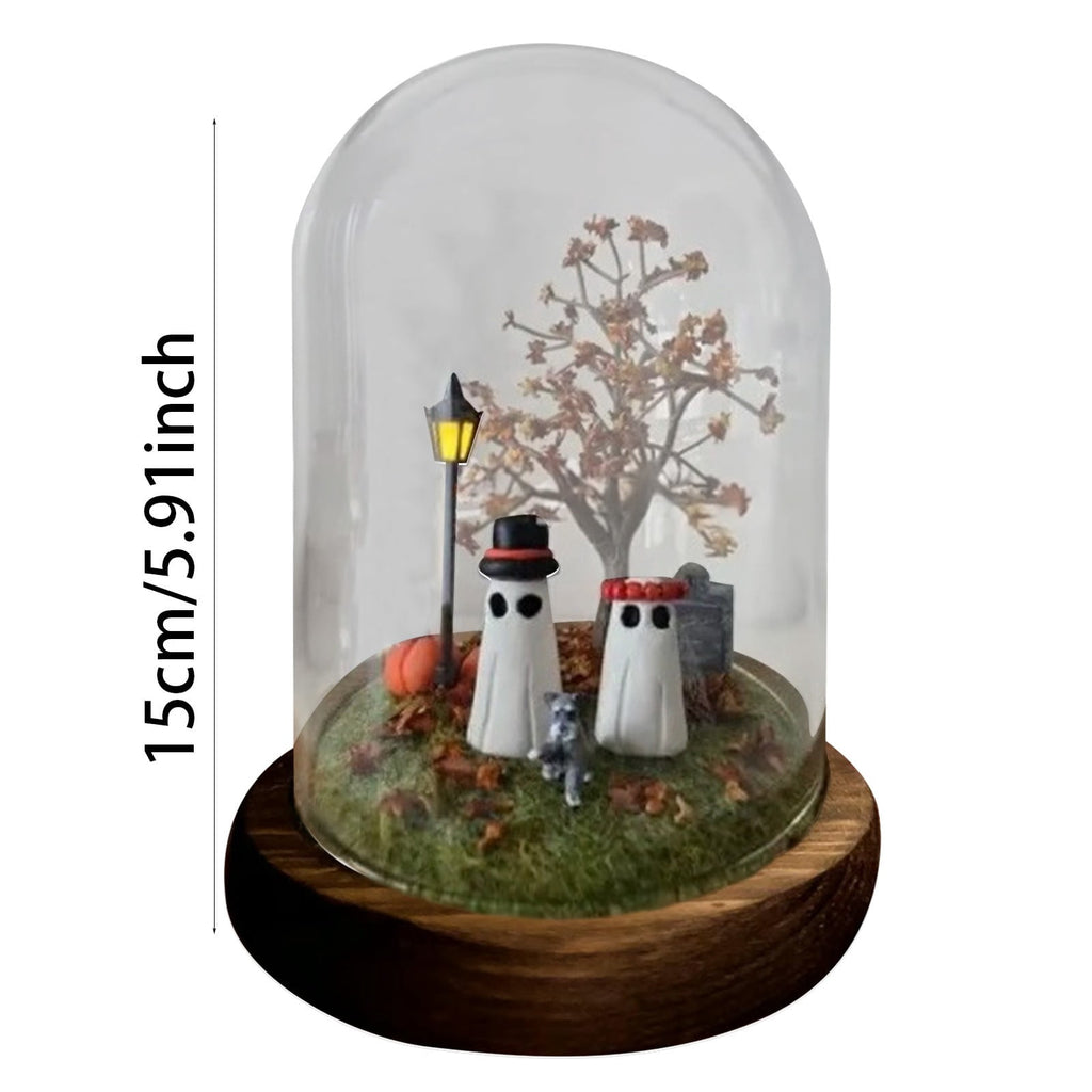 Halloween Ghost Figurine, Resin Lighted Ghost Ornament with Pumpkin Lantern & Beverage Cup, Tabletop Halloween Indoor Decor