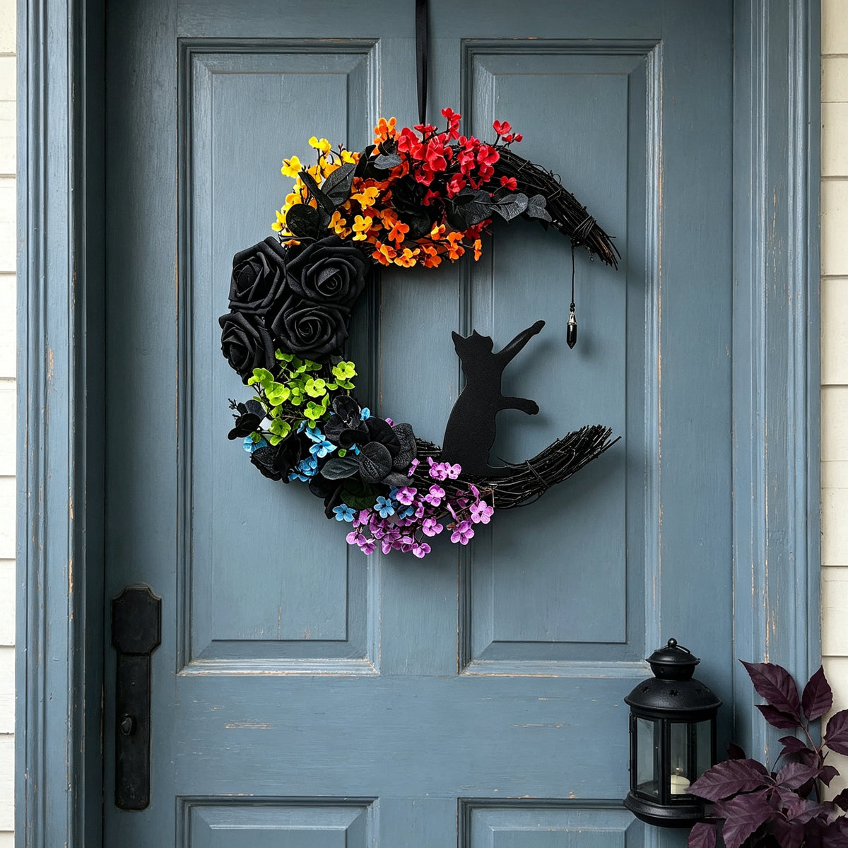 Circlecity Halloween Black Cat Wreath, 14.9" Colorful Crescent Moon Wreath with Artificial Flowers, Gothic Front Door Decor