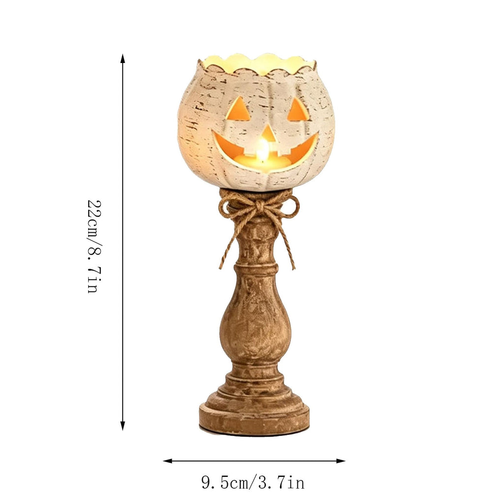 Halloween Lamp Indoor Tabletop Decorations, LED Lighted Wooden Pumpkin with Vintage Pedestal Stand and Rope Bow, 8.7 Inch Rustic Halloween Decor for Home Mantel Entryway