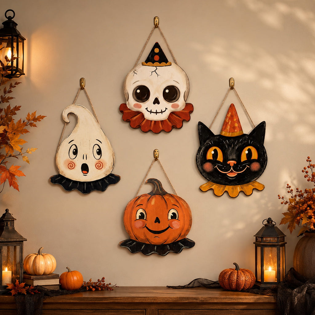 Yashow 2D Wooden Halloween Door Hanger, Vintage Pumpkin Sign 13.78x10.63 Inch, Rustic Retro Folk-Art Wall Decor for Porch, Room and Farmhouse, Festive Home Gift
