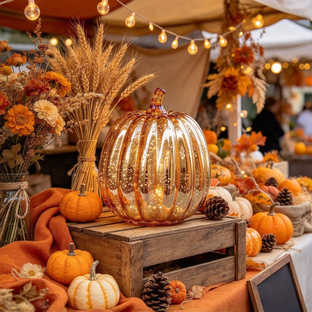 Fall Mercury Glass Light up Pumpkin Decor Fall Decoration for Home Thanksgiving Lamps for Festive Decoration Halloween Decorations Starry Night Pumpkins Tabletop Centerpiece Fall Home Decor