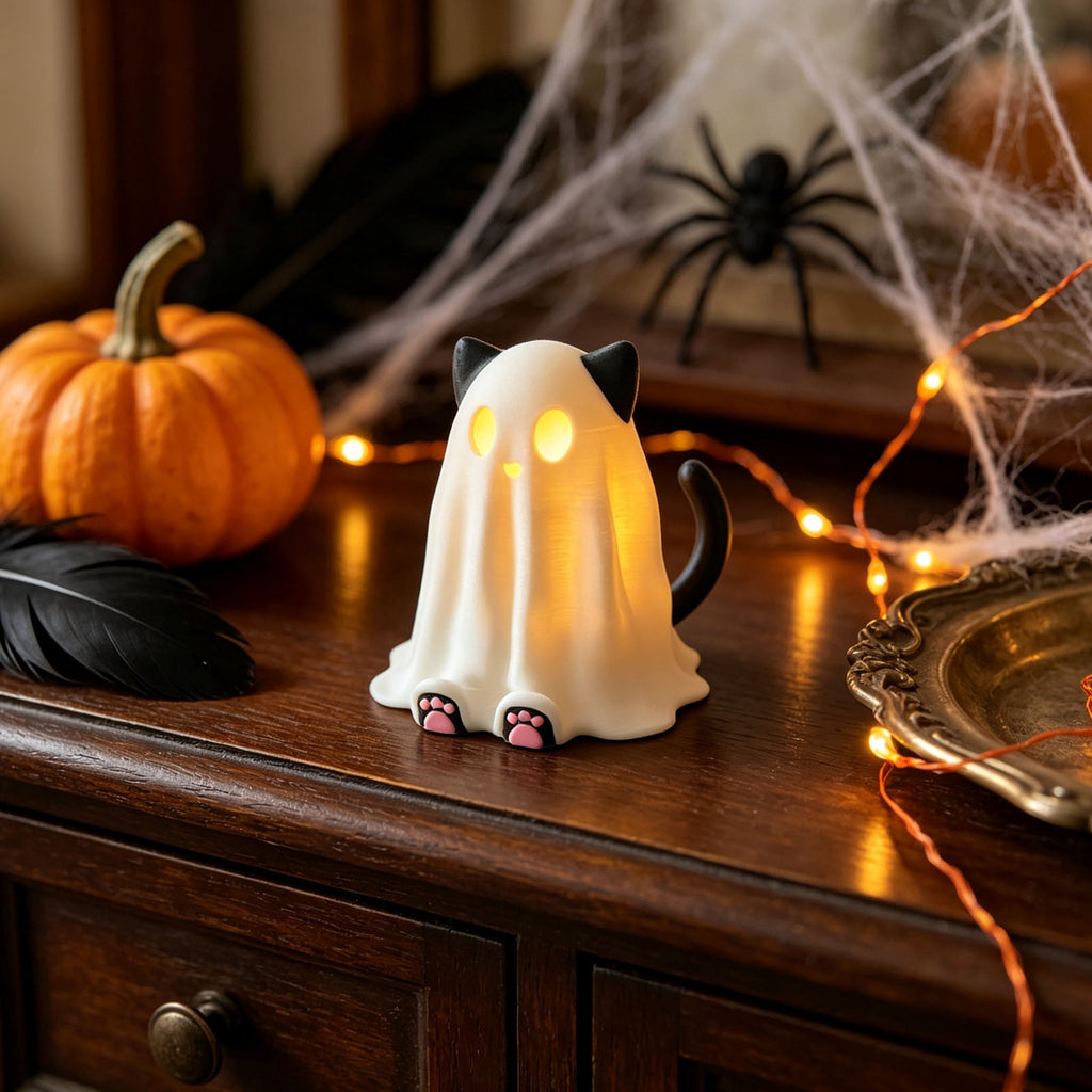 Halloween Ghost Figurine, Resin Lighted Ghost Ornament with Pumpkin Lantern & Beverage Cup, Tabletop Halloween Indoor Decor