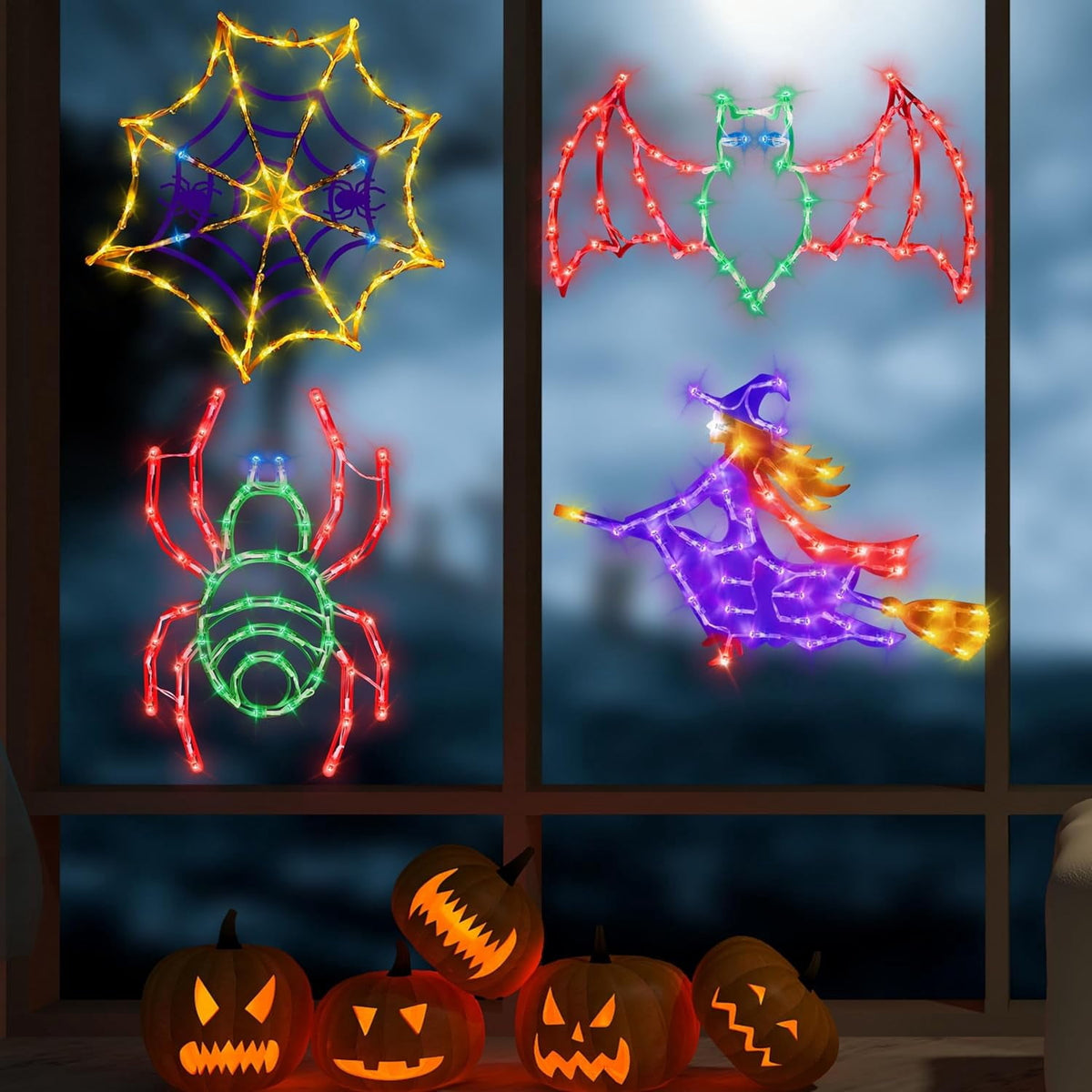16" Halloween Window decorate Plug Light Witch Bat Spider Web door decor-4 Pack