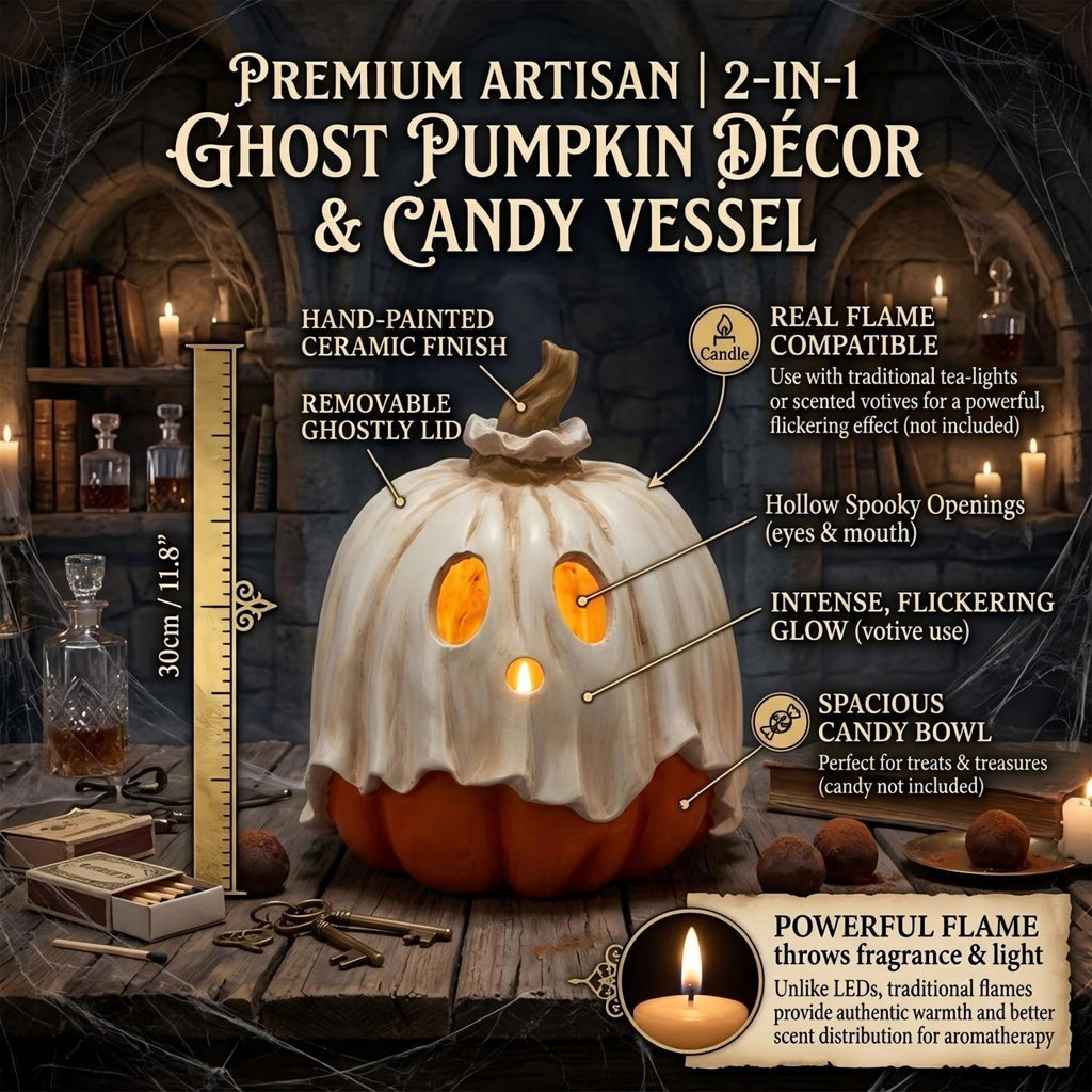 Halloween Ghost Candy Bowl Pumpkin Jack O' Lantern, 7.8 Inch Resin Spooky Tabletop Statue Decor Figurine Pumpkin Candy Bowl, Outdoor Halloween Decorations for Front Porch, Trick or Treat Candy Bowl