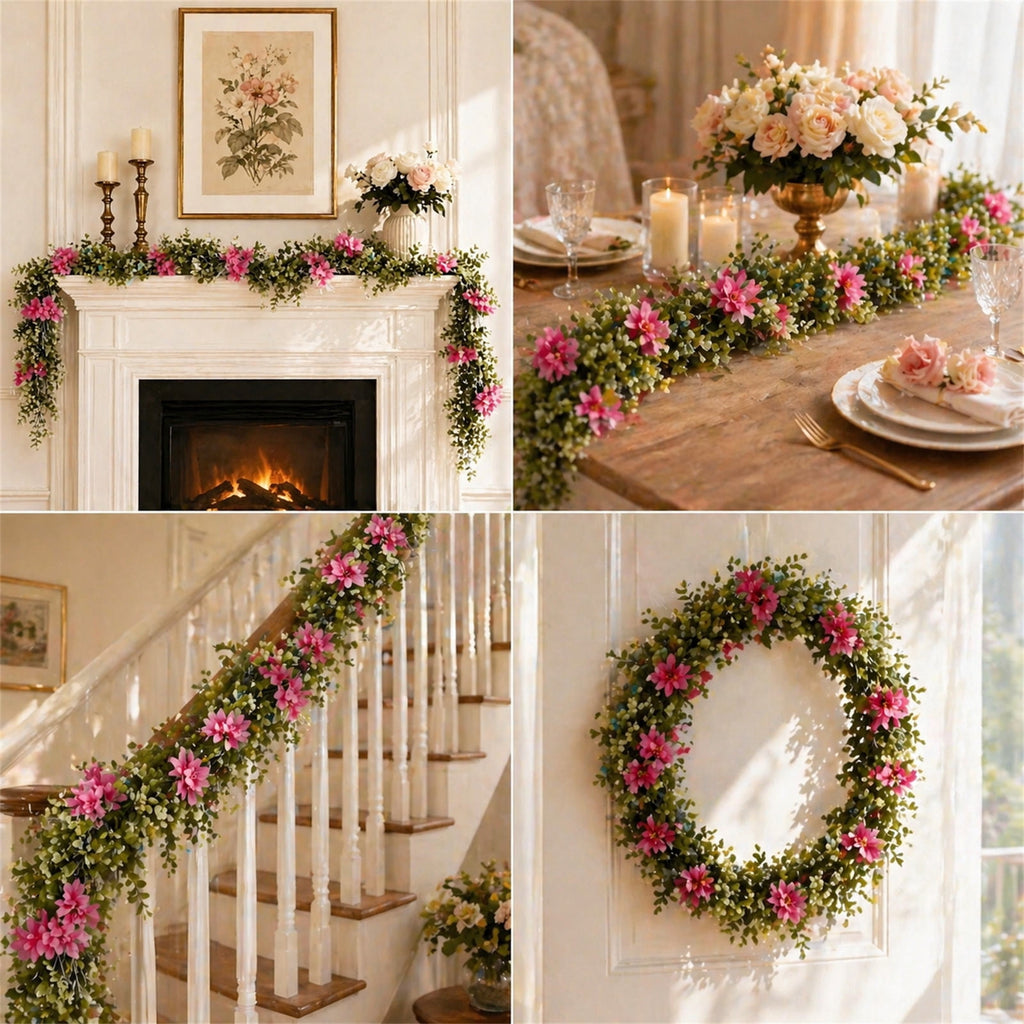 Spring Artificial Flowers Garland, 70 inch Fake Eucalyptus Vine Cherrys Blossoms Hanging Garland Rattan for Mantle Fireplace Wedding Indoor Outdoor Home Decor