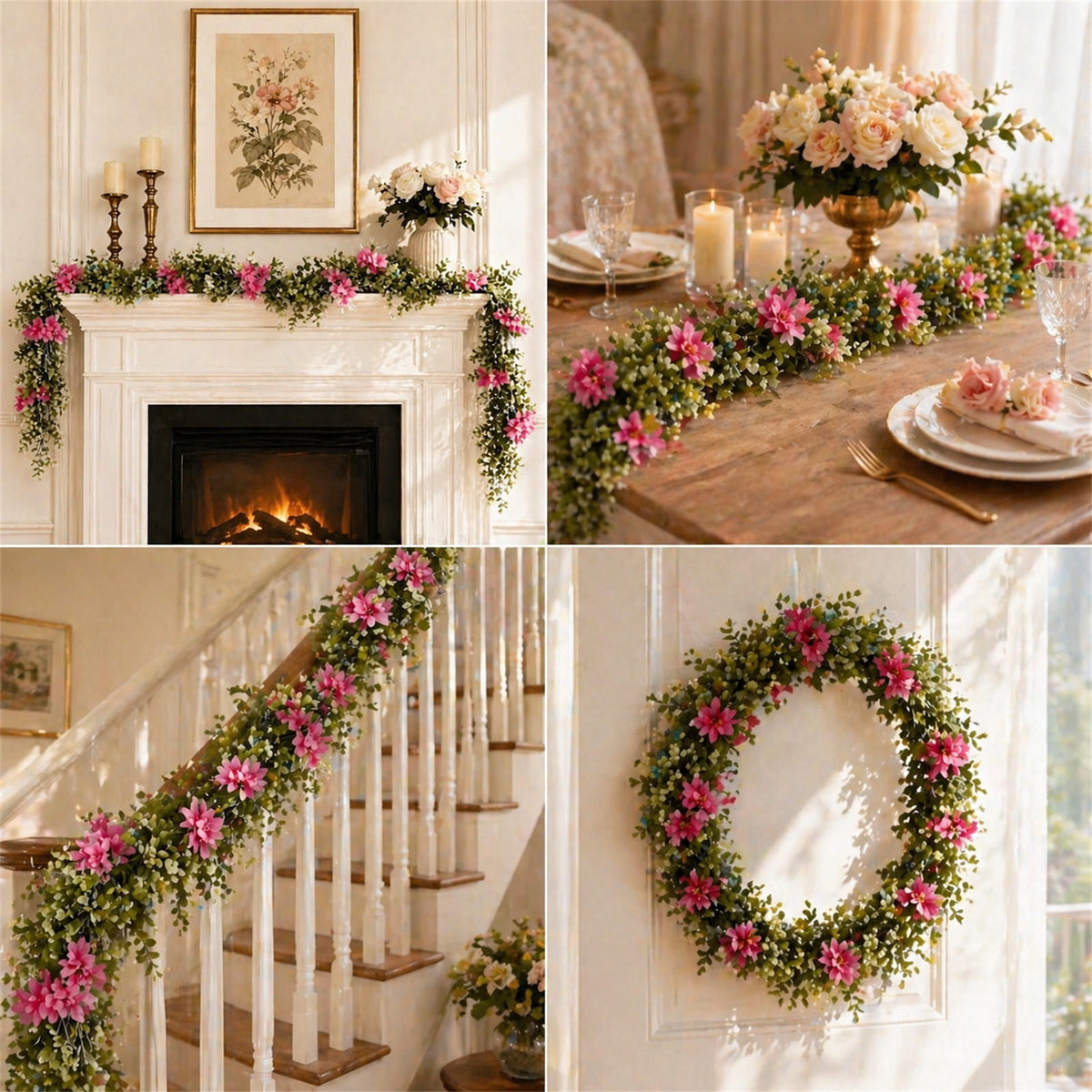 Spring Artificial Flowers Garland, 70 inch Fake Eucalyptus Vine Cherrys Blossoms Hanging Garland Rattan for Mantle Fireplace Wedding Indoor Outdoor Home Decor