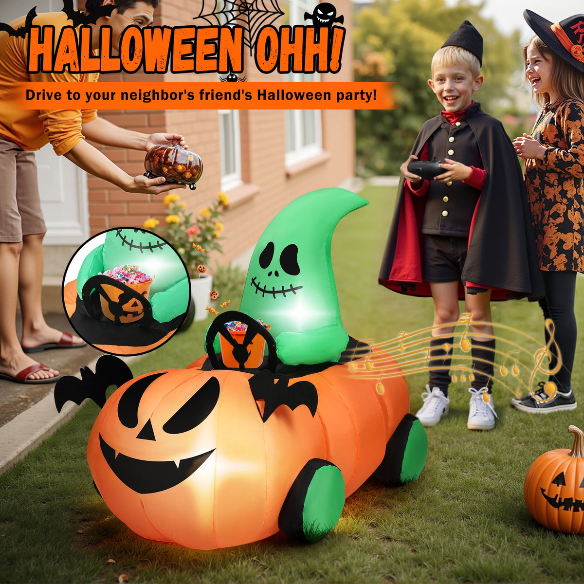 Firstness 2.4GHz Remote Control Car Halloween Inflatable Pumpkin Spider Blow ups Rc Car 360° Rotation, 3 Music and LED Lights,Aged 3+