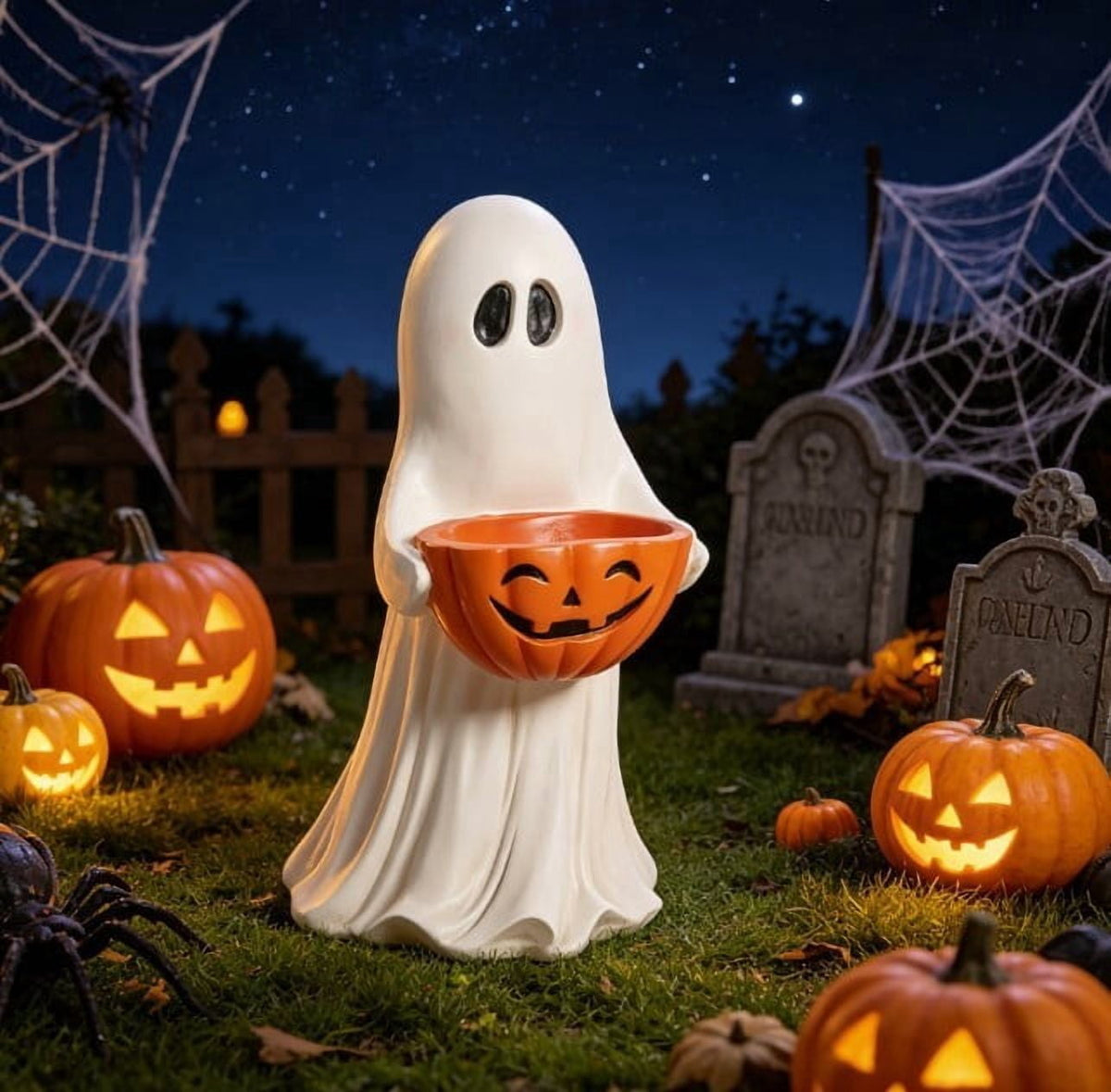 Darzheoy Decoration Ghost Figurine, with Pumpkin Candy Bowl, Spooky Halloween, White, 1 Count