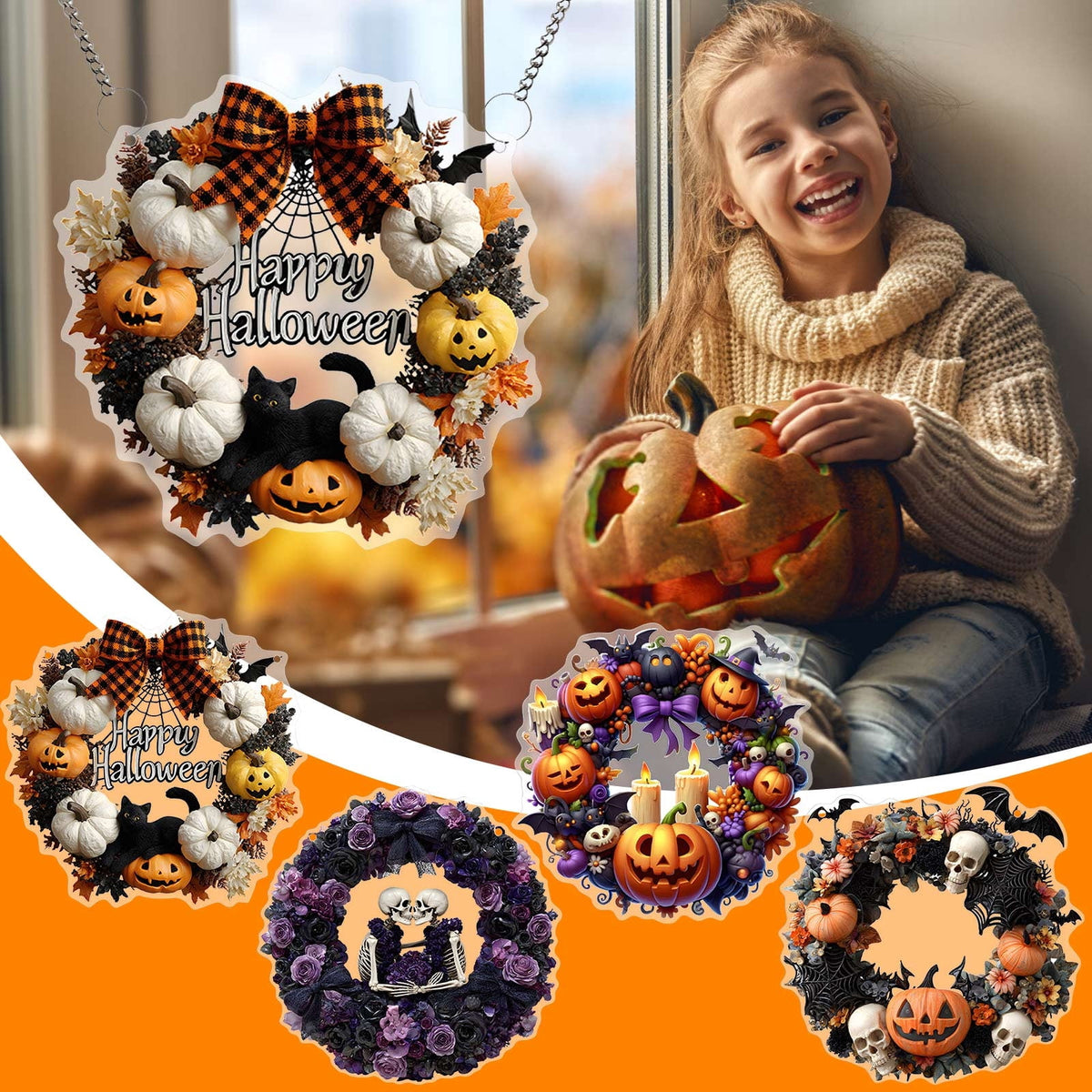 Halloween Fall 2D Pendant,2026 Front Door Pumpkin Skull Wreath,Maple Leaves Decorations Outdoor Indoor for Table Centerpiece Thanksgiving,Colorful Acrylic Round Disk Hanging Ornament,Window
