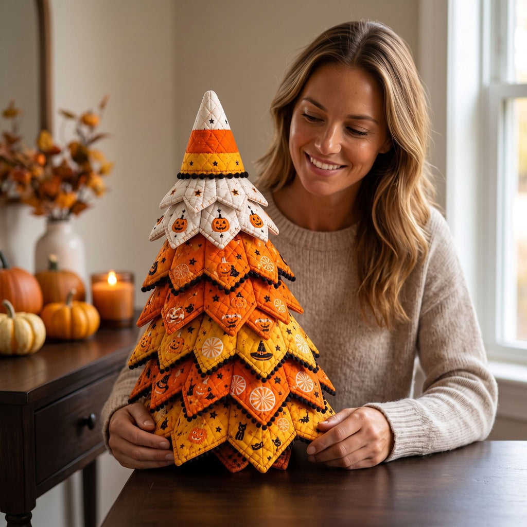Halloween Fabric Trees - 11.8" DIY Halloween Quilted Fabric Tree Kit, Black Cat Pumpkin Witch Design, Sewing Patchwork Ghost Trees Holiday Table Mantel Decor, Handmade Gift for Craft Lovers